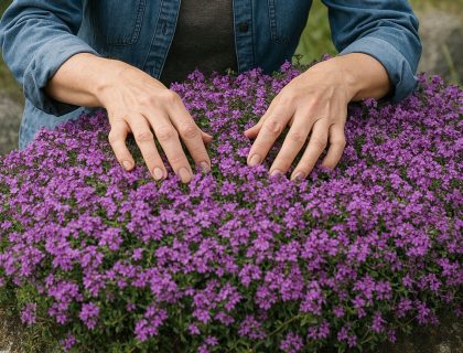 Smalbladet Timian, Thymus Serphyllum, krybende staude til stenbede