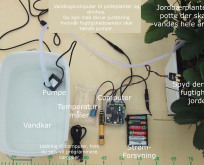 Vandingsanlæg til drivhus og potteplanter. Computer med jordfugtighedssensor og temperaturmåler.