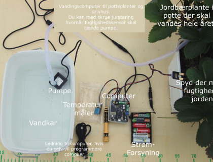 Vandingsanlæg til drivhus og potteplanter. Computer med jordfugtighedssensor og temperaturmåler.